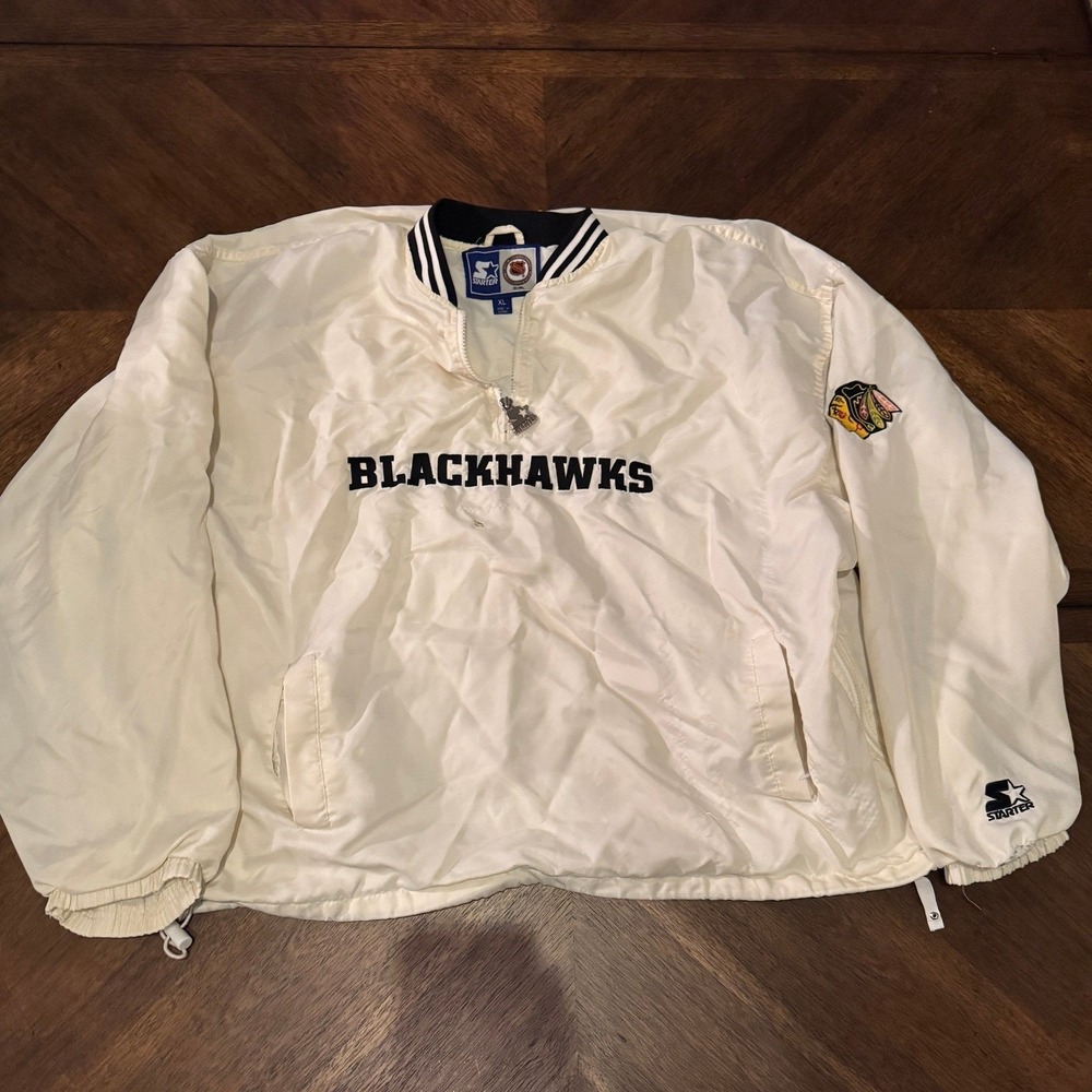 Vintage Starter Chicago Blackhawks NHL Quarter Zip Windbreaker Jacket White XL | - Picture 2 of 8